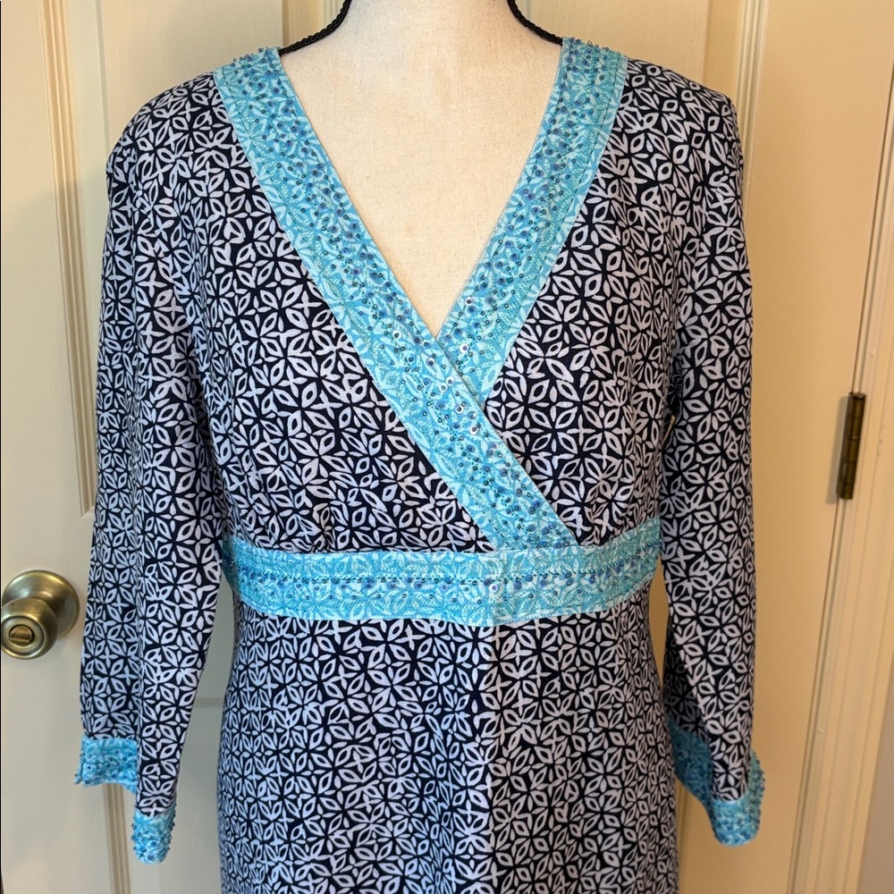 Sigrid Olsen 100% Linen Print Beaded Crossover Dress size 10